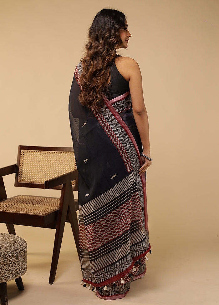 Blue Linen Silk Saree With Blouse Piece