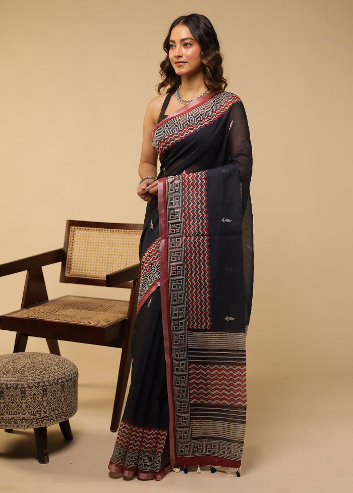 Blue Linen Silk Saree With Blouse Piece