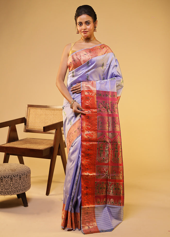 Purple Handloom Baluchari Pure Silk Saree With Blouse Piece