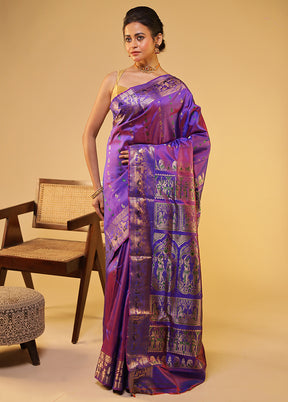 Purple Handloom Baluchari Pure Silk Saree With Blouse Piece