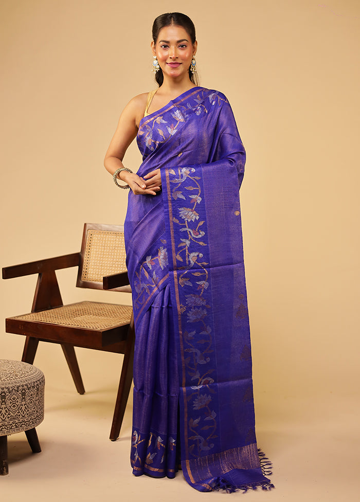 Purple Handloom Tussar Pure Silk Saree With Blouse Piece