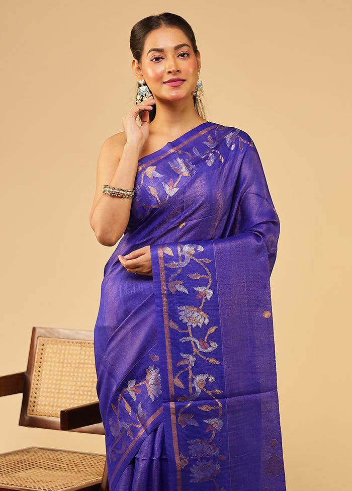 Purple Handloom Tussar Pure Silk Saree With Blouse Piece