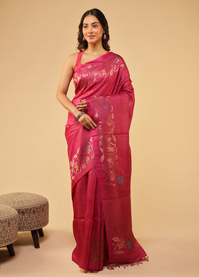 Pink Handloom Tussar Pure Silk Saree With Blouse Piece