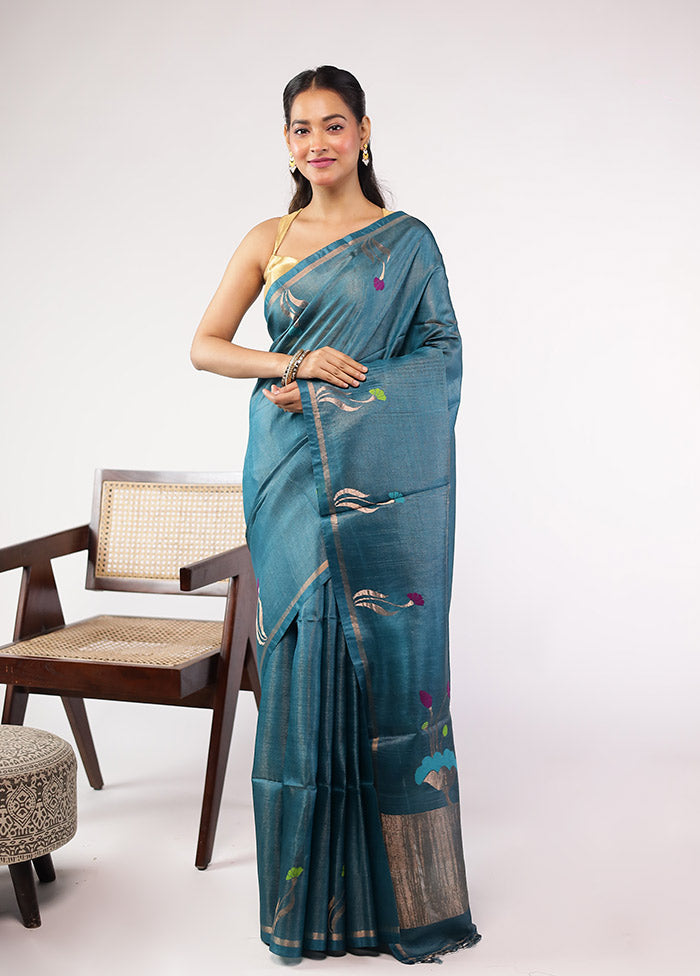 Blue Handloom Tussar Pure Silk Saree With Blouse Piece