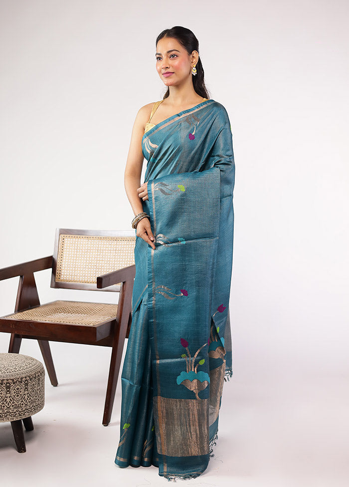 Blue Handloom Tussar Pure Silk Saree With Blouse Piece