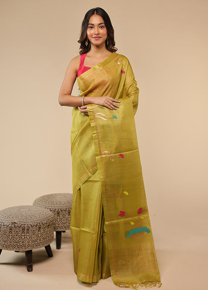 Yellow Handloom Tussar Pure Silk Saree With Blouse Piece