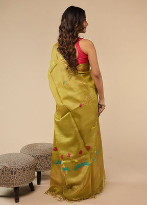 Yellow Handloom Tussar Pure Silk Saree With Blouse Piece