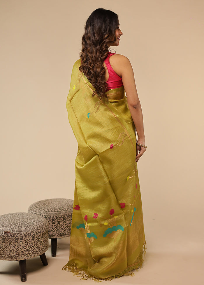 Yellow Handloom Tussar Pure Silk Saree With Blouse Piece