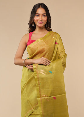 Yellow Handloom Tussar Pure Silk Saree With Blouse Piece