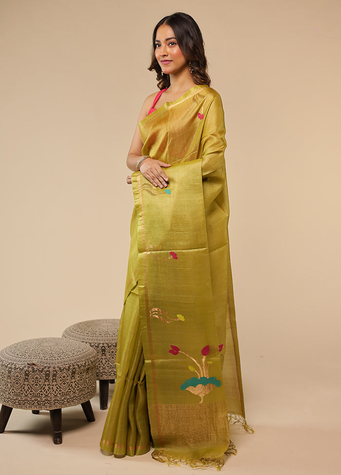 Yellow Handloom Tussar Pure Silk Saree With Blouse Piece
