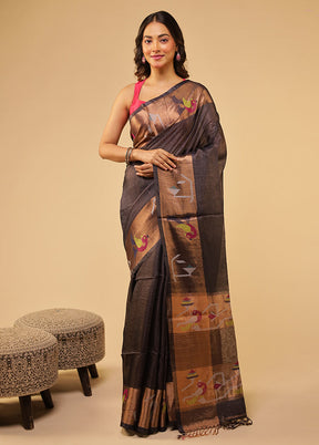 Grey Handloom Tussar Pure Silk Saree With Blouse Piece