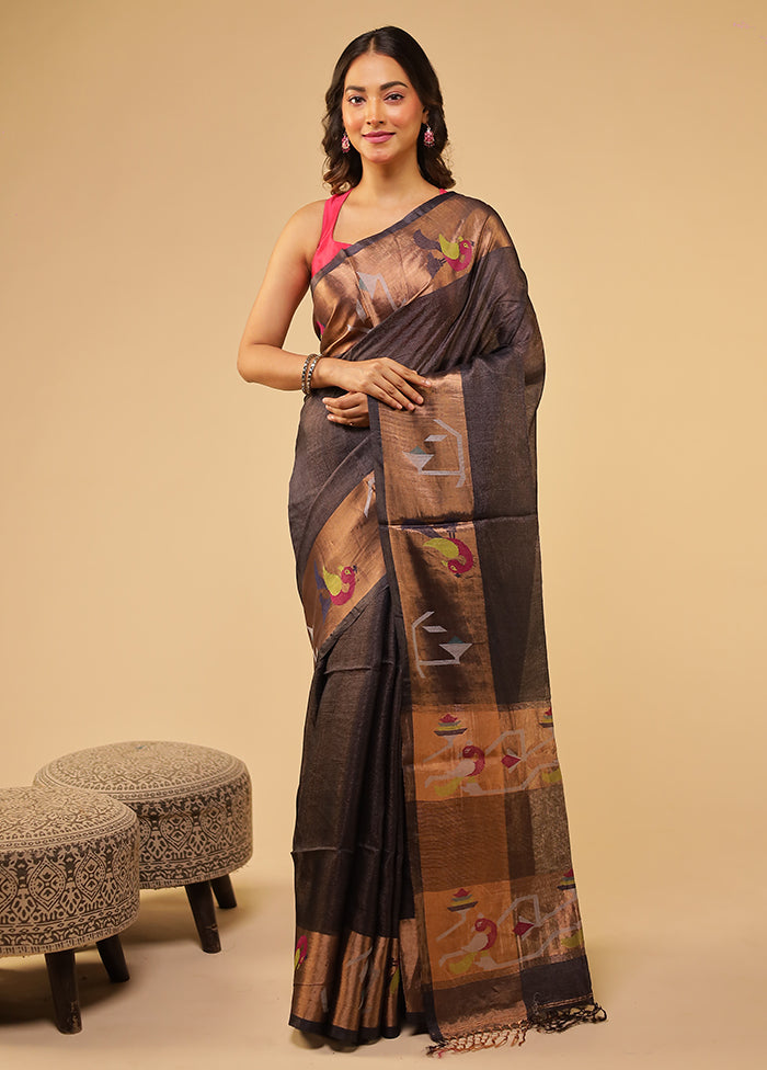 Grey Handloom Tussar Pure Silk Saree With Blouse Piece