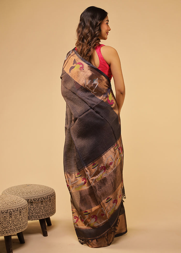 Grey Handloom Tussar Pure Silk Saree With Blouse Piece