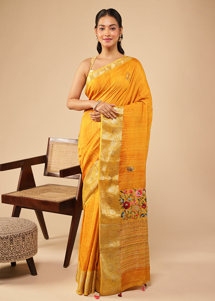 Yellow Tussar Silk Saree With Blouse Piece