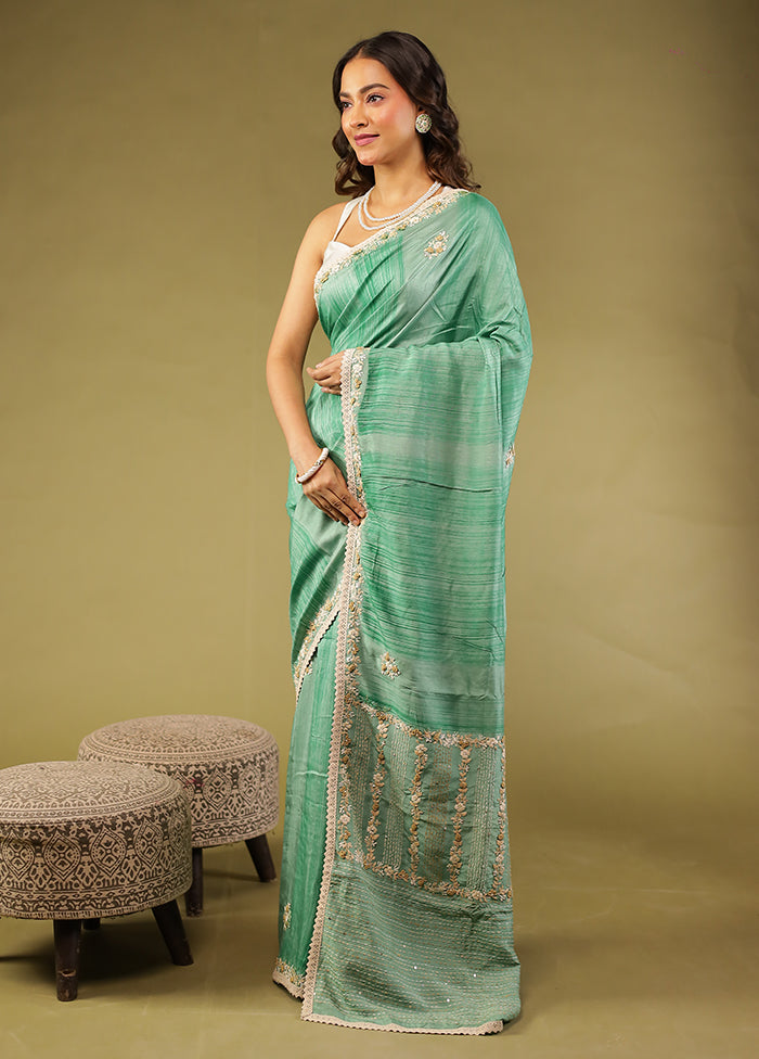 Green Tussar Silk Saree With Blouse Piece