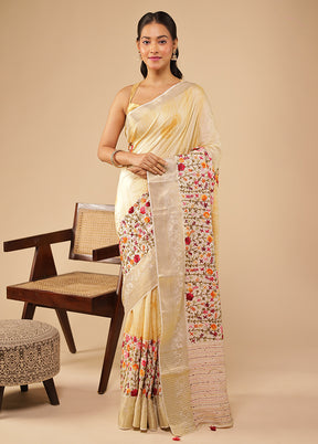 Cream Handloom Tussar Pure Silk Saree With Blouse Piece