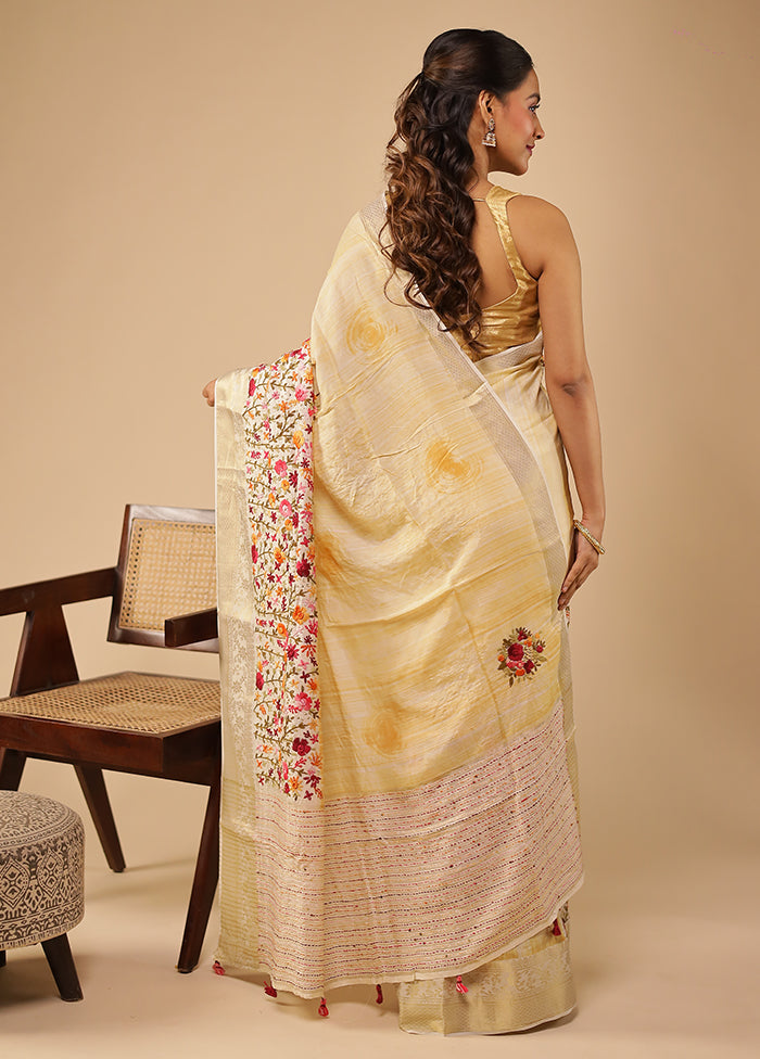 Cream Handloom Tussar Pure Silk Saree With Blouse Piece