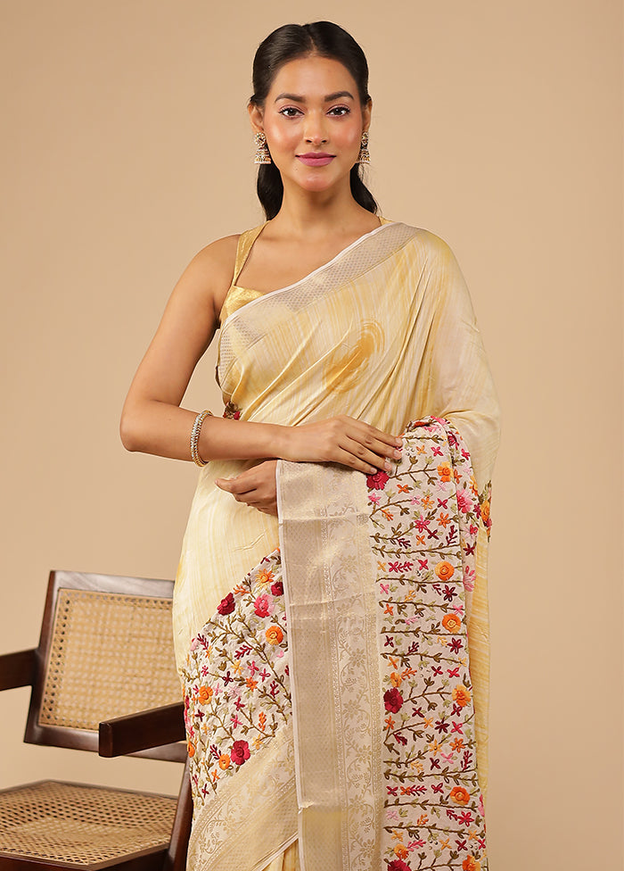 Cream Handloom Tussar Pure Silk Saree With Blouse Piece