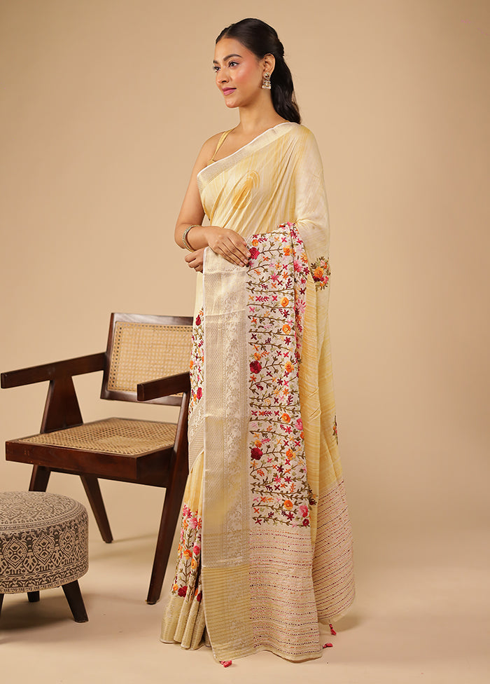 Cream Handloom Tussar Pure Silk Saree With Blouse Piece