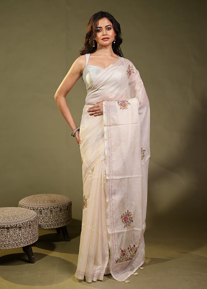 Cream Pure Cotton Saree With Blouse Piece