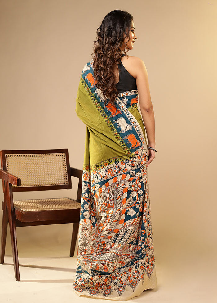 Green Cotton Saree With Blouse Piece