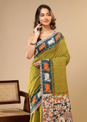 Green Cotton Saree With Blouse Piece