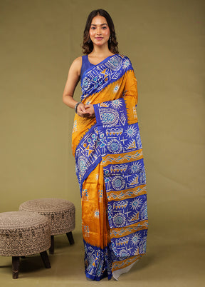 Yellow Printed Pure Silk Saree Without Blouse Piece
