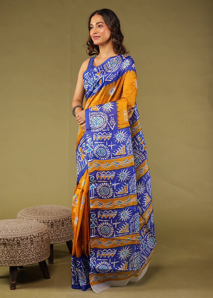 Blue Printed Pure Silk Saree Without Blouse Piece