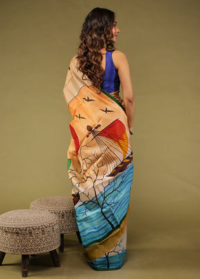 Multicolor Printed Pure Silk Saree Without Blouse Piece