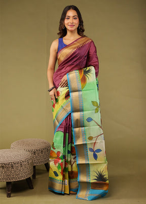 Purple Printed Pure Silk Saree Without Blouse Piece