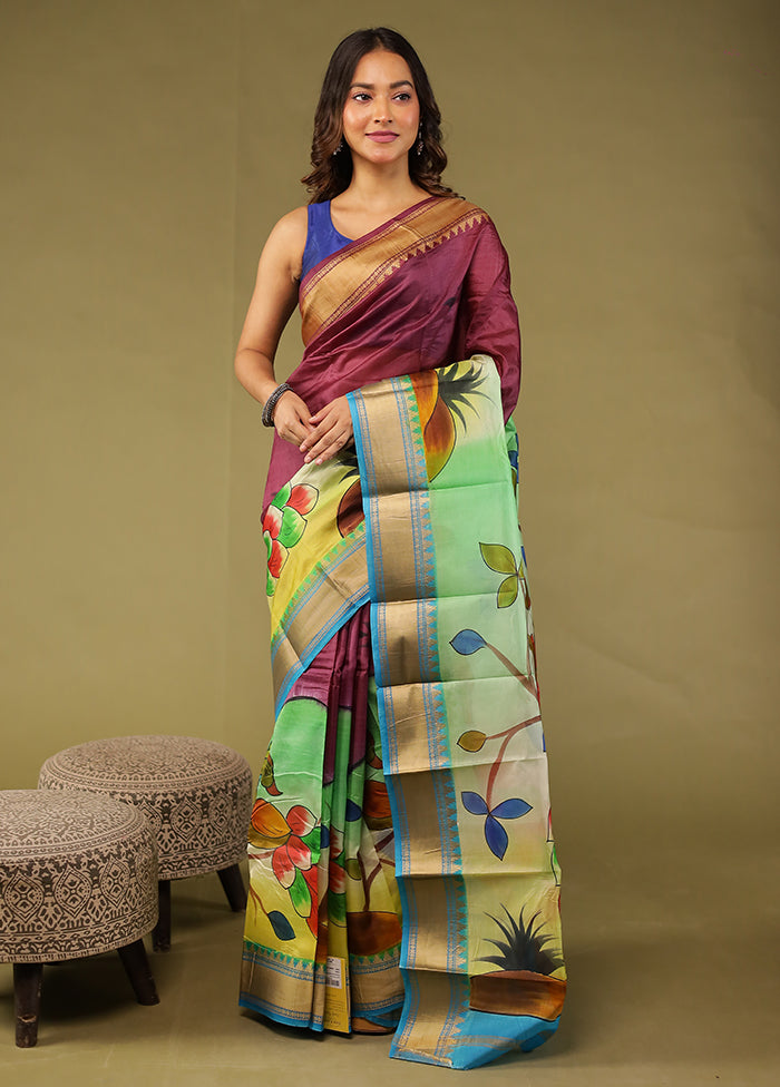 Purple Printed Pure Silk Saree Without Blouse Piece