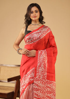 Red Printed Pure Silk Saree With Blouse Piece