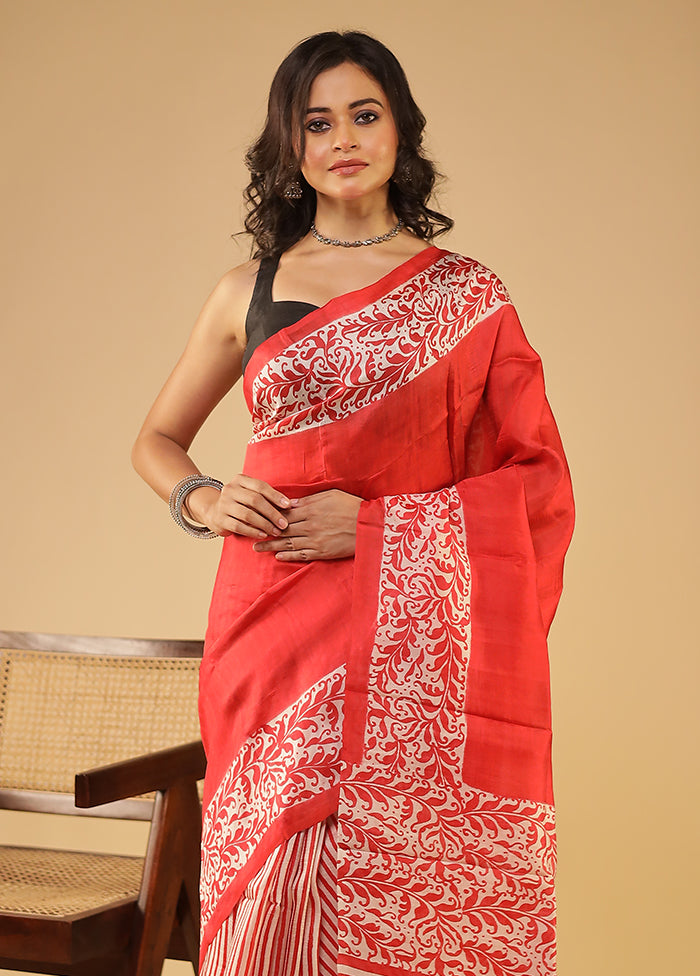 Red Printed Pure Silk Saree With Blouse Piece