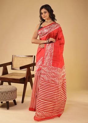 Red Printed Pure Silk Saree With Blouse Piece