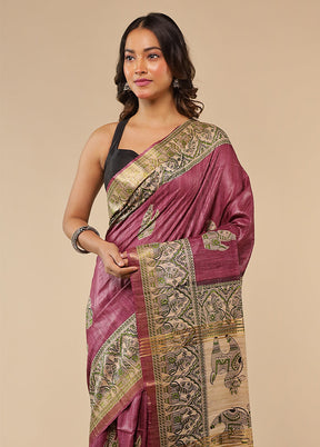 Maroon Tussar Silk Saree With Blouse Piece