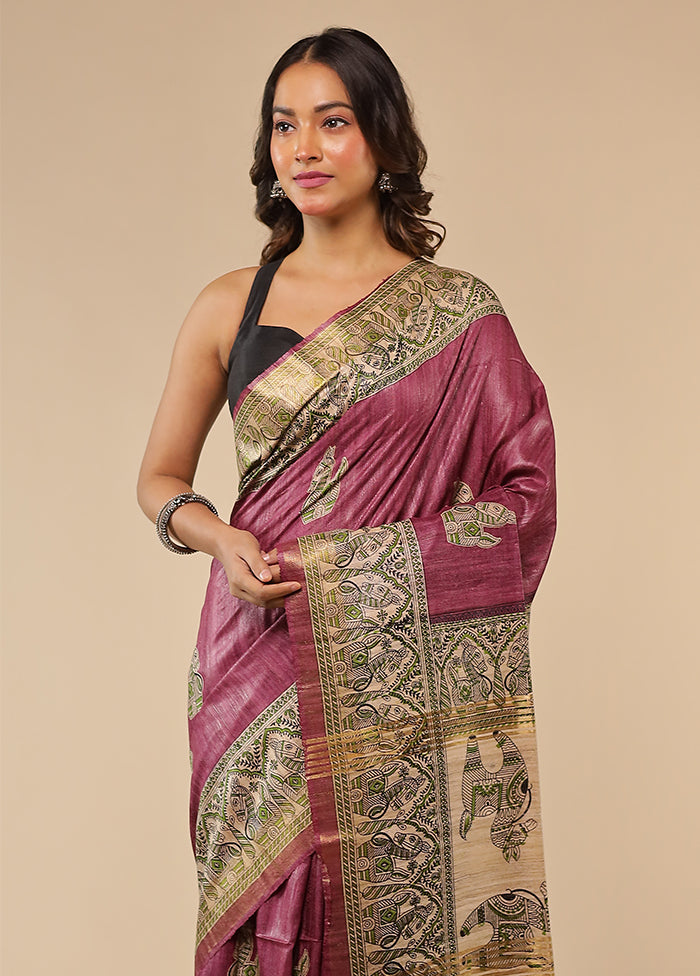 Maroon Tussar Silk Saree With Blouse Piece