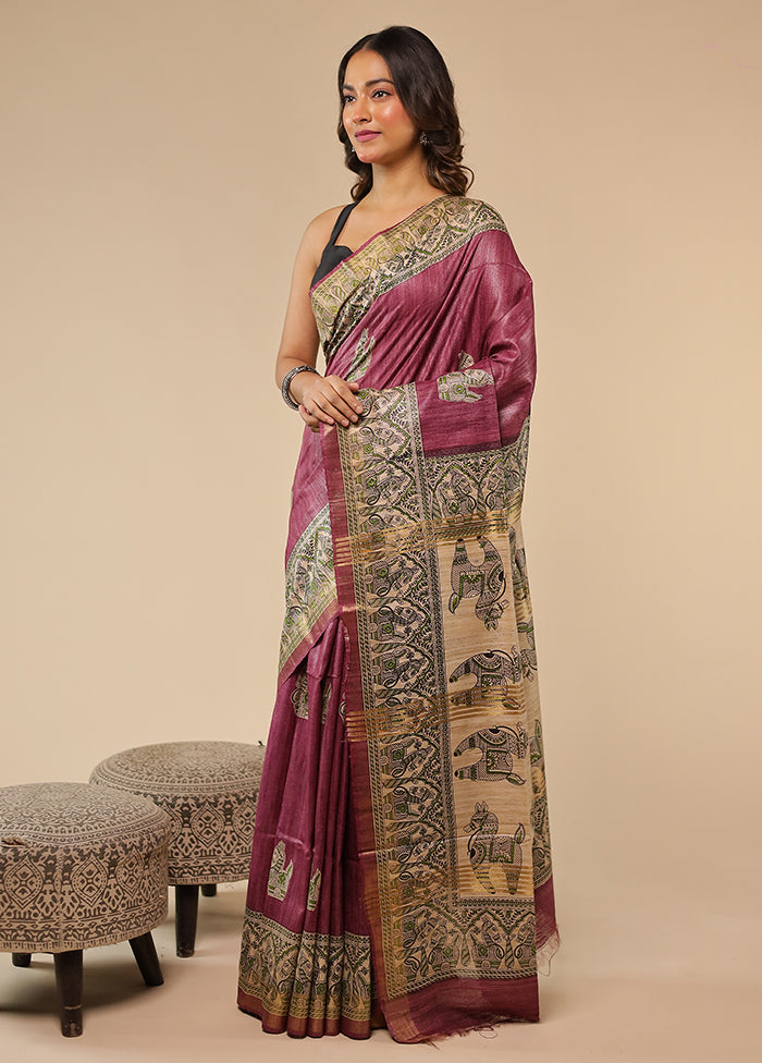 Maroon Tussar Silk Saree With Blouse Piece