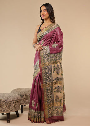Maroon Tussar Silk Saree With Blouse Piece