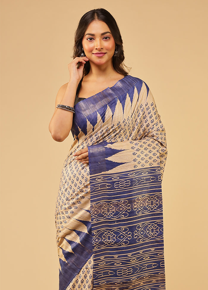 Cream Tussar Silk Saree With Blouse Piece