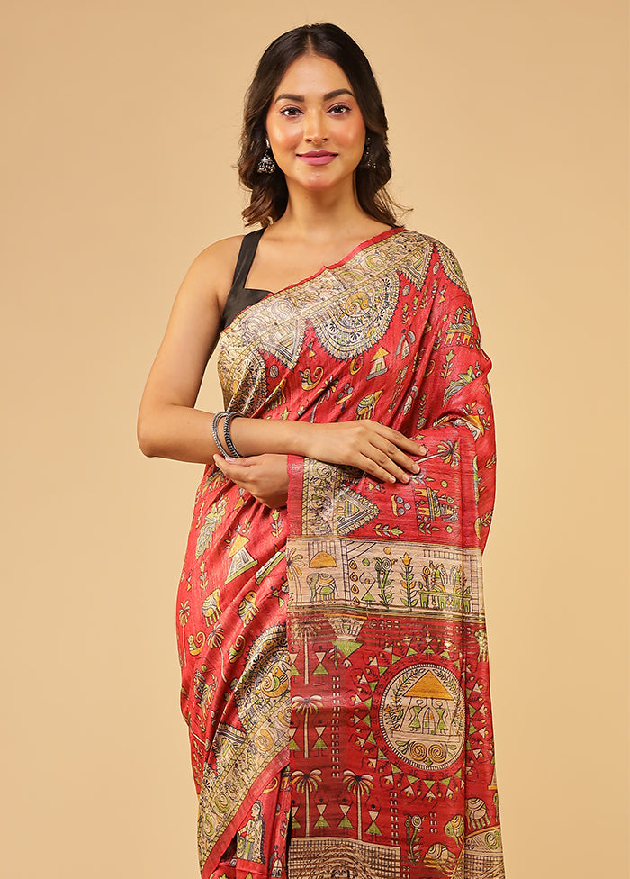 Red Tussar Silk Saree With Blouse Piece
