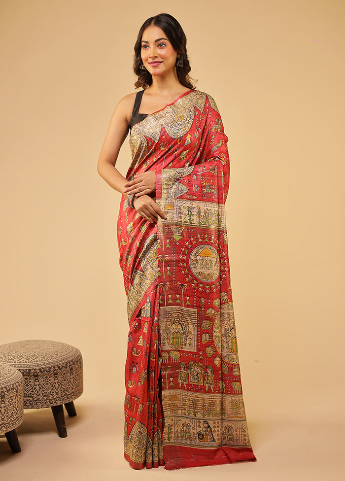 Red Tussar Silk Saree With Blouse Piece
