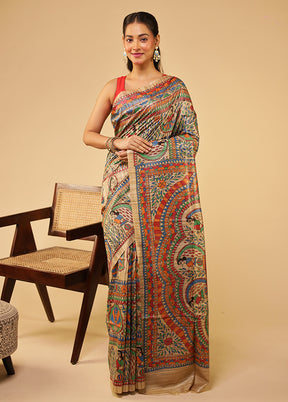 Cream Handloom Tussar Pure Silk Saree With Blouse Piece