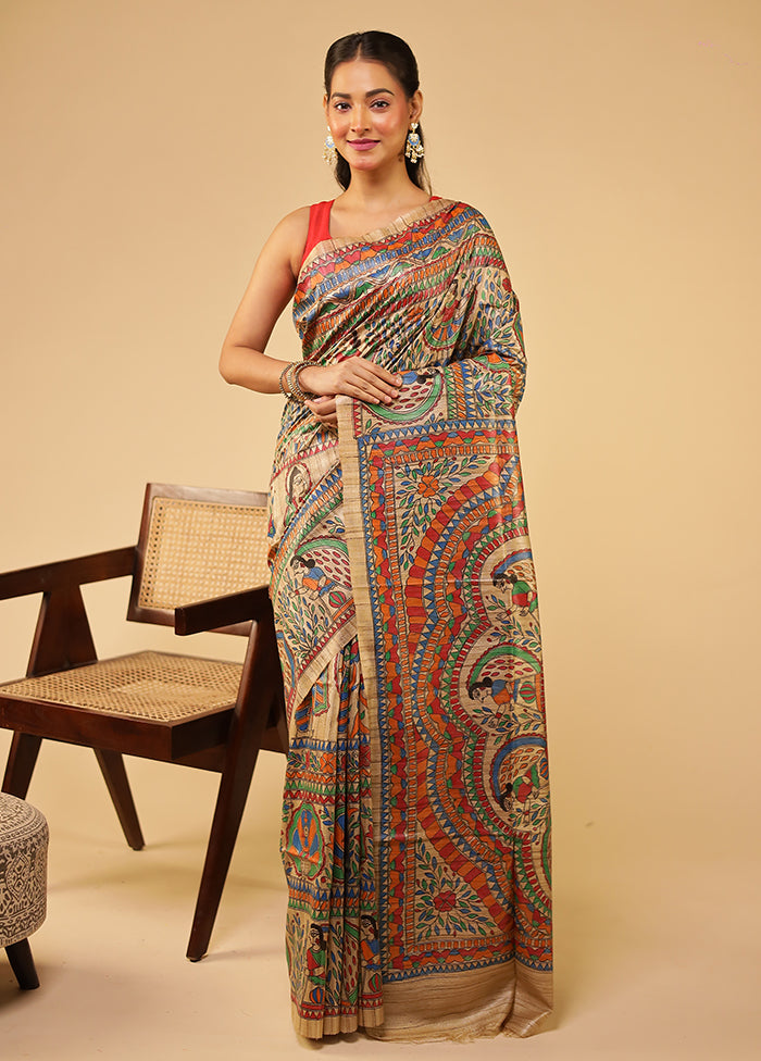 Multicolor Handloom Tussar Pure Silk Saree With Blouse Piece