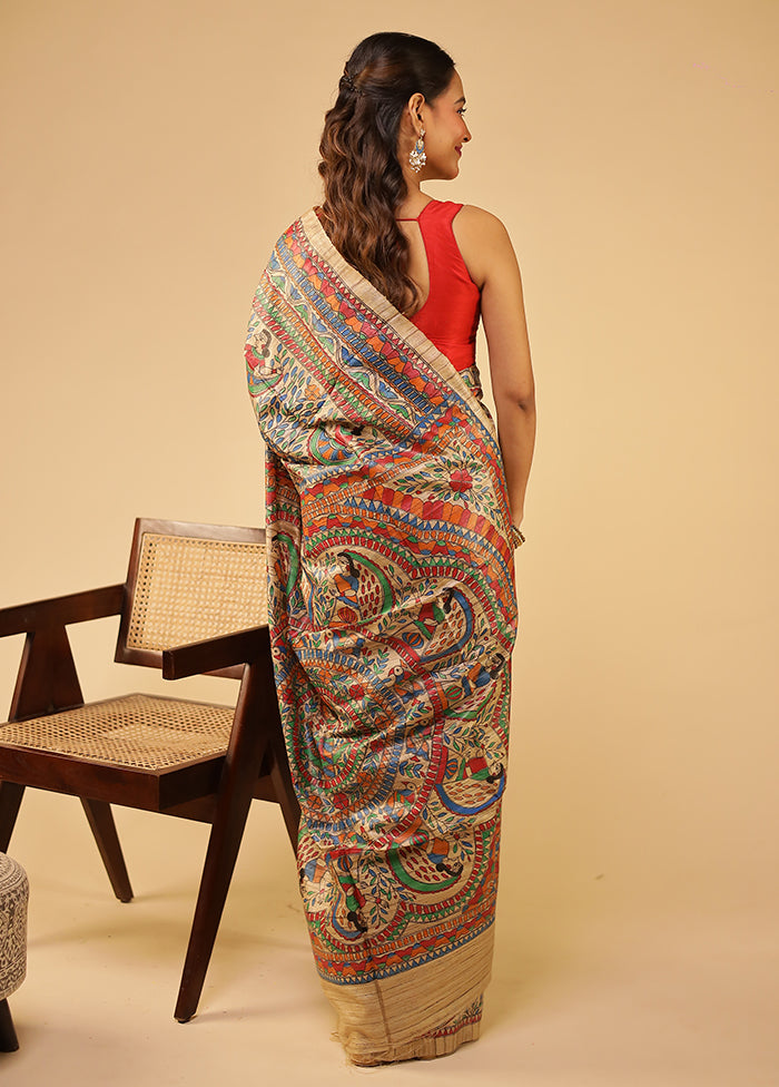 Multicolor Handloom Tussar Pure Silk Saree With Blouse Piece