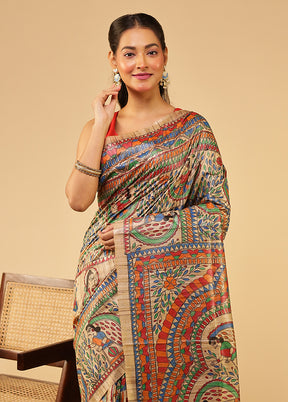 Cream Handloom Tussar Pure Silk Saree With Blouse Piece