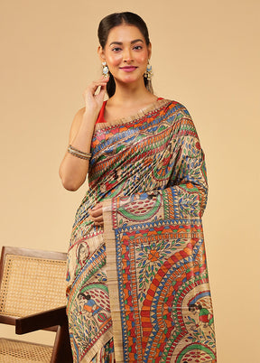Multicolor Handloom Tussar Pure Silk Saree With Blouse Piece