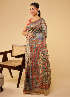 Multicolor Handloom Tussar Pure Silk Saree With Blouse Piece