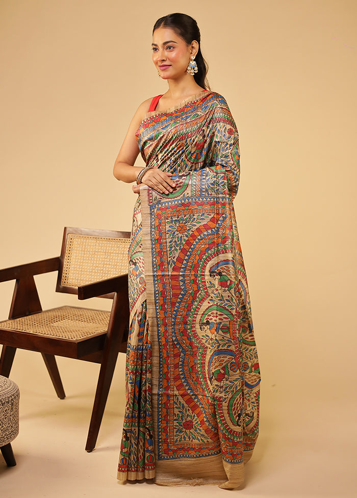 Multicolor Handloom Tussar Pure Silk Saree With Blouse Piece