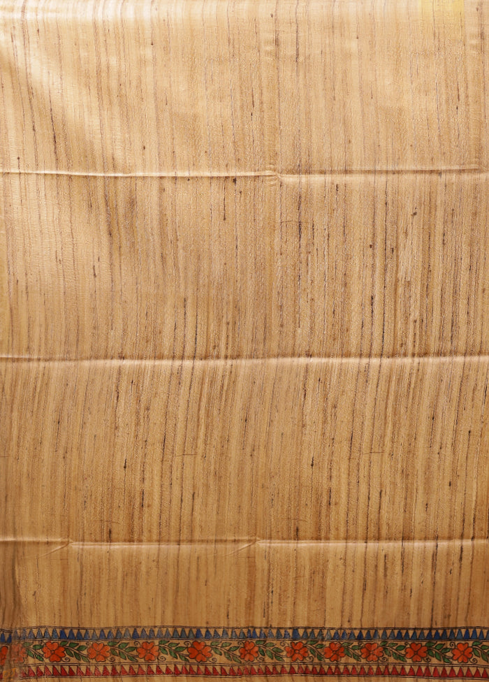 Cream Handloom Tussar Pure Silk Saree With Blouse Piece