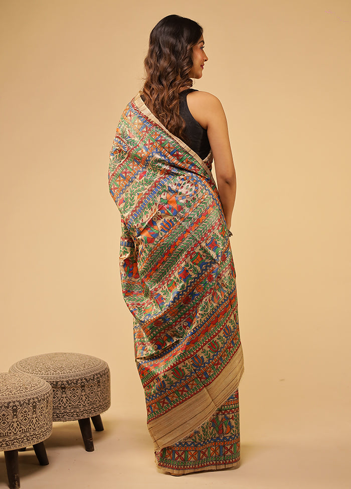 Multicolor Handloom Tussar Pure Silk Saree With Blouse Piece